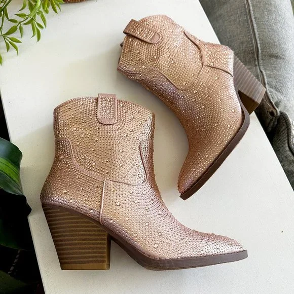 NEW🔥 Rose Gold Rhinestone Cowboy Cowgirl Western Ankle Booties Boots Block Heel - Picture 4 of 7